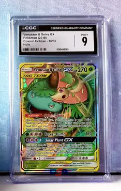 2019 POKEMON COSMIC ECLIPSE HOLO #1/236 VENUSAUR & SNIVY GX CGC 9 - Image 1
