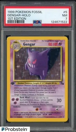 1999 Pokemon Fossil 1st Edition #5 Gengar Holo PSA 7 NM - Image 1