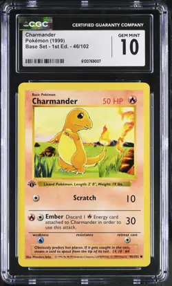 CGC 10 Charmander 46/102 Shadowless 1st Edition Base Set Pokemon Card - Image 1
