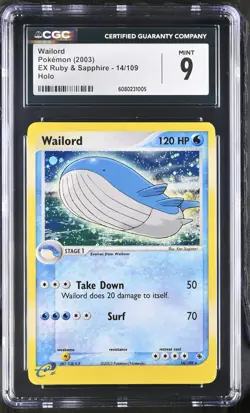 CGC 9 MINT Wailord 2003 EX Ruby & Sapphire 14/109 Holo Pokemon Card - Image 1