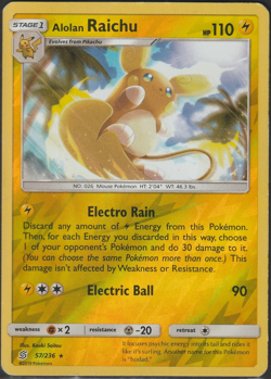 Pokemon TCG Alolan Raichu Rare 57/236 - Reverse Holo Unified Minds - HP - Image 1