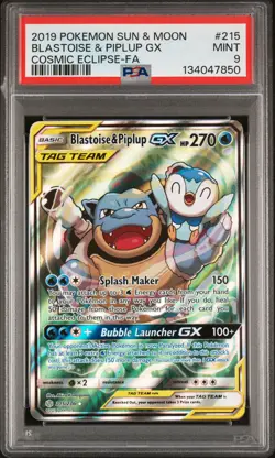2019 POKEMON SUN & MOON COSMIC ECLIPSE #215 FULL ART/BLASTOISE & PIPLUP GX PSA 9 - Image 1