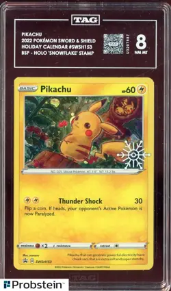 2022 Pokemon SWSH Holiday Calendar BSP Snowflake Stamp Pikachu Holo TAG 8 - Image 1