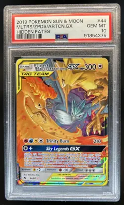 2019 Pokemon SM Hidden Fates Moltres & Zapdos Articuno Tag Team GX #44/68 PSA 10 - Image 1