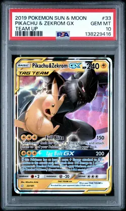 2019 POKEMON SUN & MOON TEAM UP #33 PIKACHU & ZEKROM GX PSA 10 - Image 1