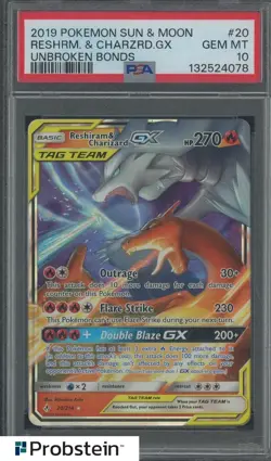 2019 Pokemon Sun & Moon Unbroken Bonds #20 Reshiram & Charizard PSA 10 - Image 1
