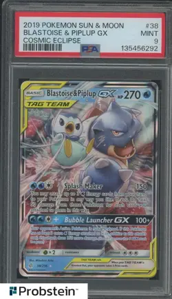 2019 Pokemon S & M Cosmic Eclipse #38 Blastoise & Piplup Gx PSA 9 MINT - Image 1