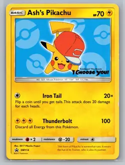 Pokemon Ash's Pikachu SM Promo Card SM114 2017 70 HP Regular - Image 1