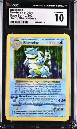Pokemon Blastoise Base Set Shadowless Holo Rare #2 CGC 10 Gem Mint - Image 1