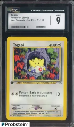 2000 Pokemon Neo Genesis 1st Edition Togepi #51/111 CGC 9 MINT - Image 1