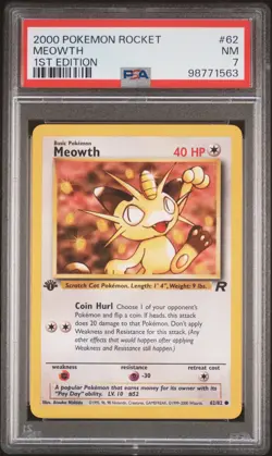2000 POKEMON ROCKET 1ST EDITION #62 MEOWTH PSA 7 - Image 1