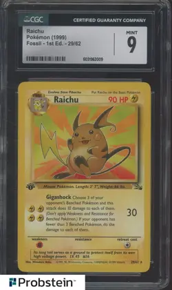 1999 Pokemon Fossil 1st Edition Raichu #29/62 CGC 9 MINT - Image 1