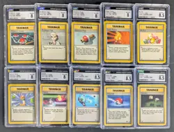 Lot (10) 1999 Pokemon Assorted CGC Graded Trainer Cards w/ Mr. Fuji - Image 1