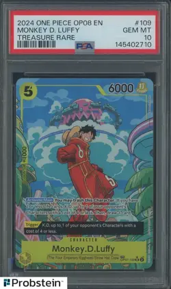 2024 One Piece OP08 En Treasure Rare #109 Monkey D. Luffy PSA 10 GEM MINT - Image 1