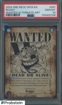 2024 One Piece OP09 EN Wanted Alternate Art #051 Buggy PSA 10 GEM MINT - Image 1
