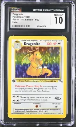 CGC 10 DRAGONITE 4 FOSSIL HOLO 1ST EDITION POKEMON GEM MINT - Image 1