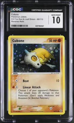 CGC 10 GEM MINT Cubone EX Fire Red & Leaf Green 60/112 Reverse Holo Pokemon Card - Image 1
