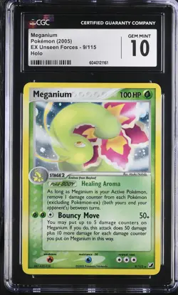 CGC 10 GEM MINT Meganium 2005 EX Unseen Forces 9/115 Holo Pokemon Card - Image 1