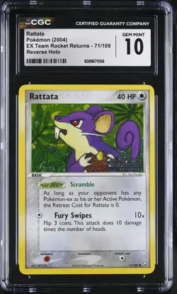 CGC 10 Rattata EX Team Rocket Returns 71/109 Reverse Holo Stamped Pokemon Card - Image 1
