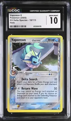CGC 10 GEM MINT Vaporeon 2005 EX Delta Species 18/113 Holo Pokemon Card - Image 1