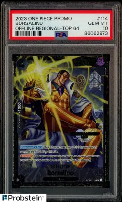 2023 One Piece Promo Offline Regional #114 Borsalino Top 64 PSA 10 GEM MINT - Image 1