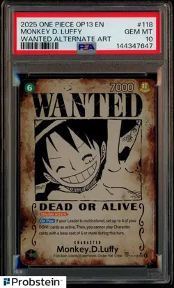 PSA 10 2025 One Piece OP13 EN Wanted Alt Art #118 Monkey D. Luffy GEM MINT - Image 1