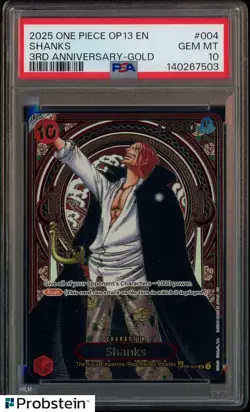 2025 One Piece OP13 ENGLISH 3rd Anniversary Gold #004 Shanks PSA 10 GEM MINT - Image 1