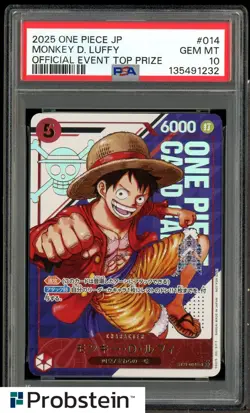 2025 ONE PIECE JPN PROMOS OFFICIAL EVENT TOP PRIZE #014 MONKEY D. LUFFY PSA 10 - Image 1
