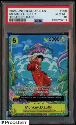 2024 One Piece OP08 En Treasure Rare #109 Monkey D. Luffy PSA 10 GEM MINT - Image 1