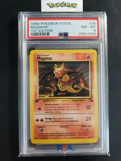 First Edition 1999 Pokemon Fossil 39/62 Magmar PSA NM-MT 8 - Image 1