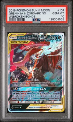 2019 POKEMON SUN & MOON UNBROKEN BONDS #107 GRENINJA & ZOROARK GX PSA 10 - Image 1