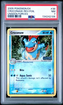 2005 POKEMON EX UNSEEN FORCES #38 CROCONAW-REVERSE FOIL PSA 7 - Image 1