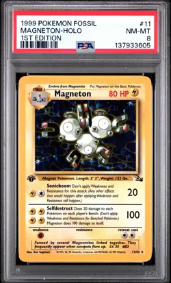 1999 POKEMON FOSSIL 1ST EDITION #11 MAGNETON-HOLO PSA 8 - Image 1