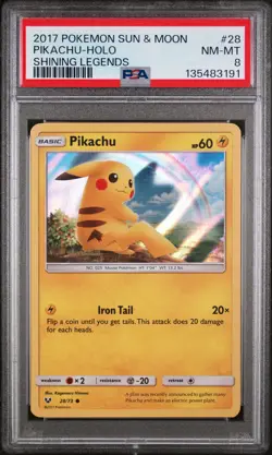 2017 POKEMON SUN & MOON SHINING LEGENDS #28 PIKACHU-HOLO PSA 8 - Image 1