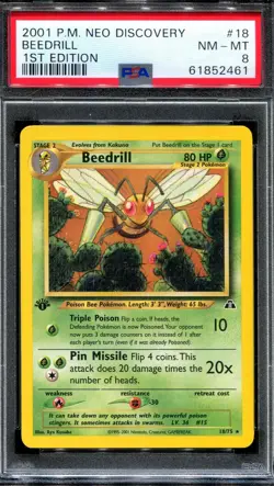 PSA 8 Pokemon 2001 1st Edition Neo Discovery Beedrill Non-Holo Rare #18 - Image 1