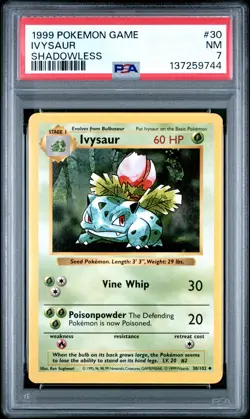 1999 POKEMON BASE SET SHADOWLESS #30 IVYSAUR PSA 7 - Image 1