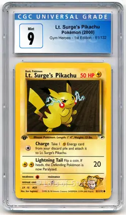 CGC 9MINT Lt. Surge's Pikachu Gym Heroes 1st Edition Pokemon 2000 81/132 -56 - Image 1