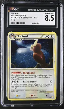 CGC 8.5 Noctowl 2010 HeartGold & SoulSilver 8/123 Holo Pokemon Card - Image 1
