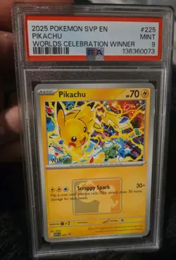 2025 POKEMON SVP PROMO WORLDS CELEBRATION TOURNAMENT WINNER #225 PIKACHU PSA 9 - Image 1