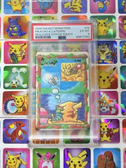 1998 Pocket Monsters Pikachu & Caterpie Sealdass Stitch Touch #09 PSA 6 - Image 1