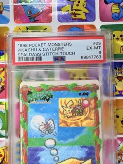 1998 Pocket Monsters Pikachu & Caterpie Sealdass Stitch Touch #09 PSA 6 - Image 5