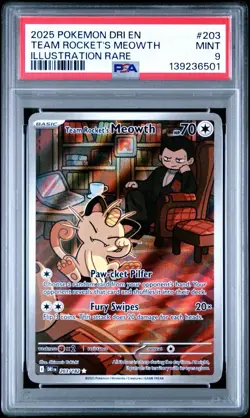 Pokemon TCG Destined Rivals Team Rockets Meowth Card 203 PSA 9 ILLUSTRATION RARE - Image 1