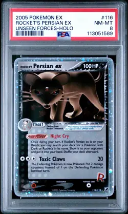 2005 POKEMON EX UNSEEN FORCES #116 ROCKET'S PERSIAN EX PSA 8 - Image 1