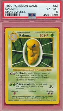 SHADOWLESS KAKUNA 1999 POKEMON GAME 33 GRADED PSA 6 EX-MT POISON POWDER PM-TPHLC - Image 1