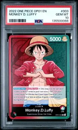 2022 ONE PIECE OP01-ROMANCE DAWN 003 MONKEY D. LUFFY PRE ERRATA PSA 10 GEM MINT - Image 1