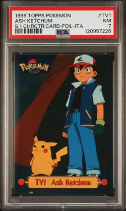 1999 Topps Pokemon Trading Card - Ash Ketchum Pikachu TV1 FOIL ITALIAN - PSA 7 - Image 1