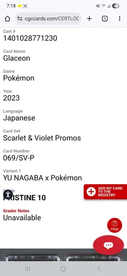 CGC PRISTINE 10 Glaceon YU NAGABA 069/SV-P PROMO 2023 Japanese Pokemon psa - Image 3