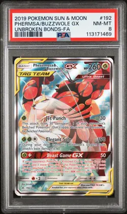 2019 POKEMON SUN & MOON UNBROKEN BONDS #192 PHERMSA/BUZZWOLE GX PSA 8 - Image 1