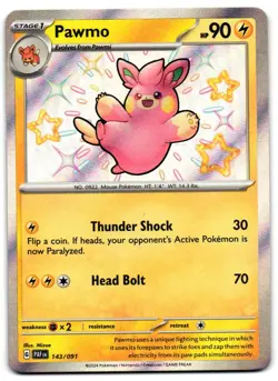Pawmo 143/091 - Paldean Fates Shiny Rare Pokemon TCG - M/LP Card - Image 1