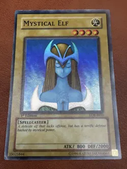 YUGIOH MYSTICAL ELF LOB-E050 SUPER RARE 1ST EDITION LP LIGHTLY PLAYED - Image 3